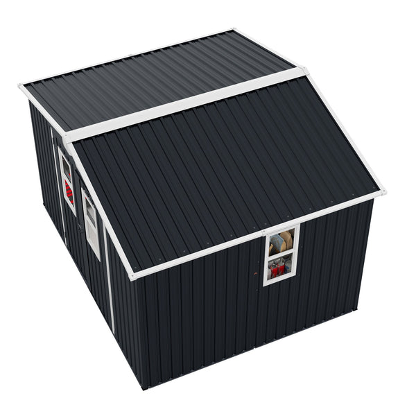 English Elm Outdoor Metal Storage Shed 8x10 with Four Windows Lockable Doors Waterproof Steel W1598S00038