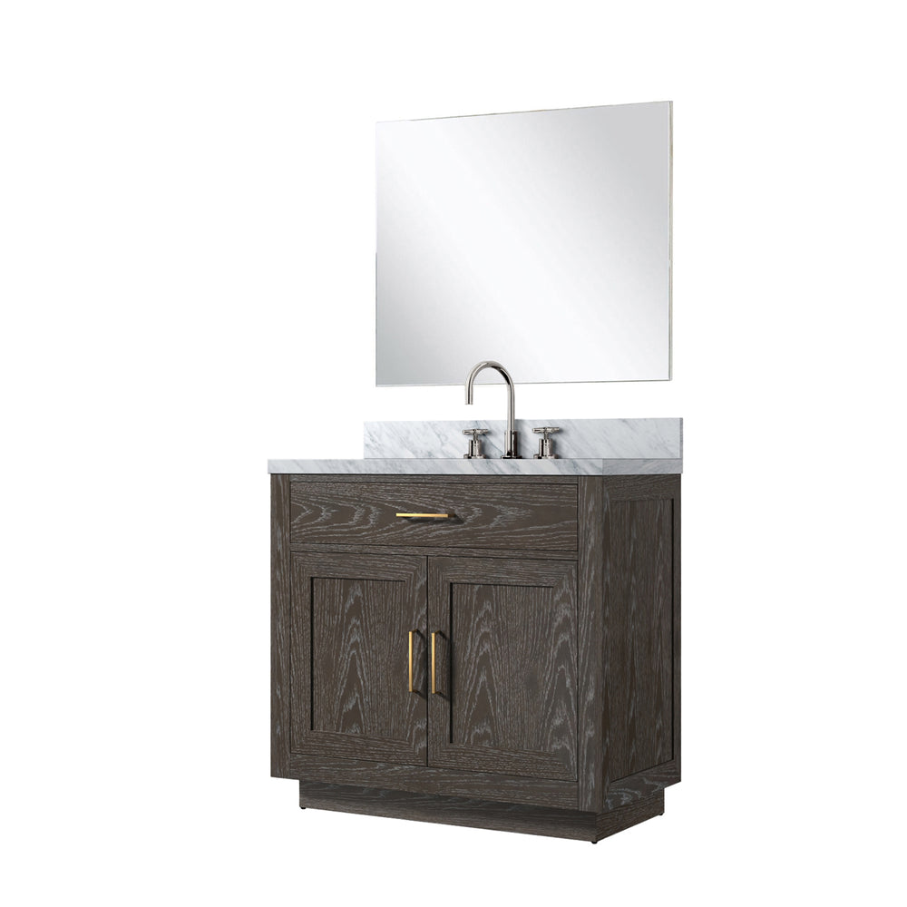 English Elm Brown Oak Single Bath Vanity Set With Carrara Marble Top, Chrome Faucet & 34" Frameless Mirror Included B2731S01952