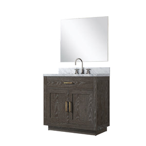 English Elm Brown Oak Single Bath Vanity Set With Carrara Marble Top, Chrome Faucet & 34" Frameless Mirror Included B2731S01952