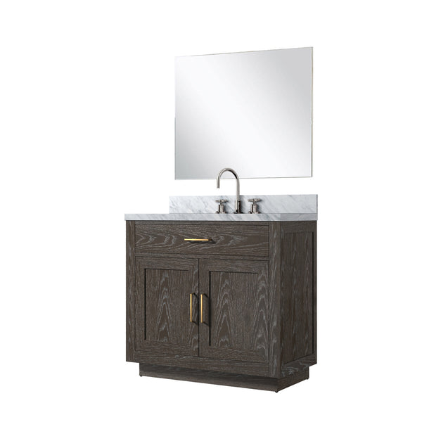 English Elm Brown Oak Single Bath Vanity Set With Carrara Marble Top, Chrome Faucet & 34" Frameless Mirror Included B2731S01952