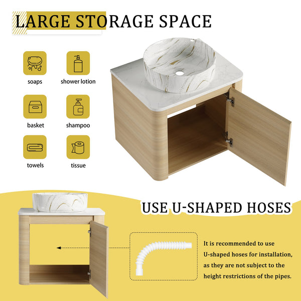 English Elm 24'' Sleek Wall-Mounted Bathroom Vanity With Ceramic Vessel Sink & Soft-Close Door For Small Spaces W999S00459