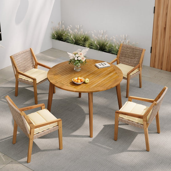 English Elm Christopher Knight Home® - Outdoor Dining Set – Stylish Acacia Wood Table & Wicker Chairs With Cream Cushions For Cozy Gatherings N770P272397G004_63119.00