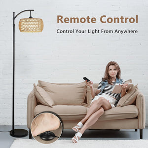 English Elm Arc Floor Lamp With Remote Control – Dimmable Led, Adjustable Height & Stylish Rattan Shade For Home W2738P185401