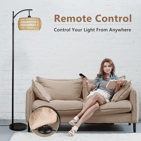 English Elm Arc Floor Lamp With Remote Control – Dimmable Led, Adjustable Height & Stylish Rattan Shade For Home W2738P185401