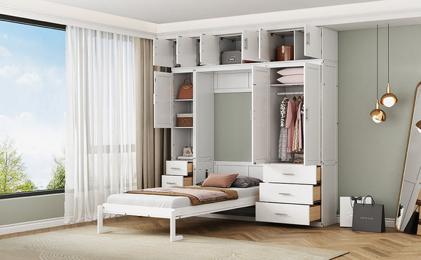 English Elm Twin Murphy Bed with Lockers & Wardrobes White — Space-Saving Foldaway Cabinet Bed w/ Shelves, Drawers and Video Guide GX000391AAK
