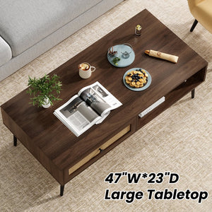 English Elm Mid-Century 47" Rectangular Coffee Table with Rattan Drawer, Open Shelf & Metal Legs for Living Room Walnut T3623P380005