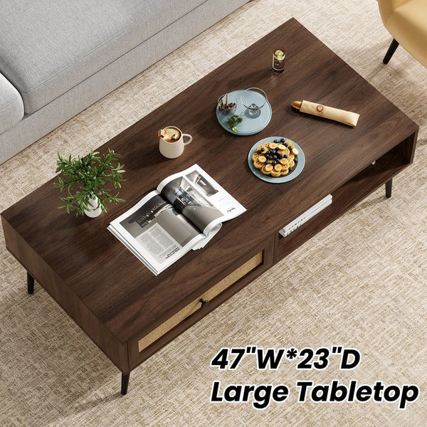 English Elm Mid-Century 47" Rectangular Coffee Table with Rattan Drawer, Open Shelf & Metal Legs for Living Room Walnut T3623P380005