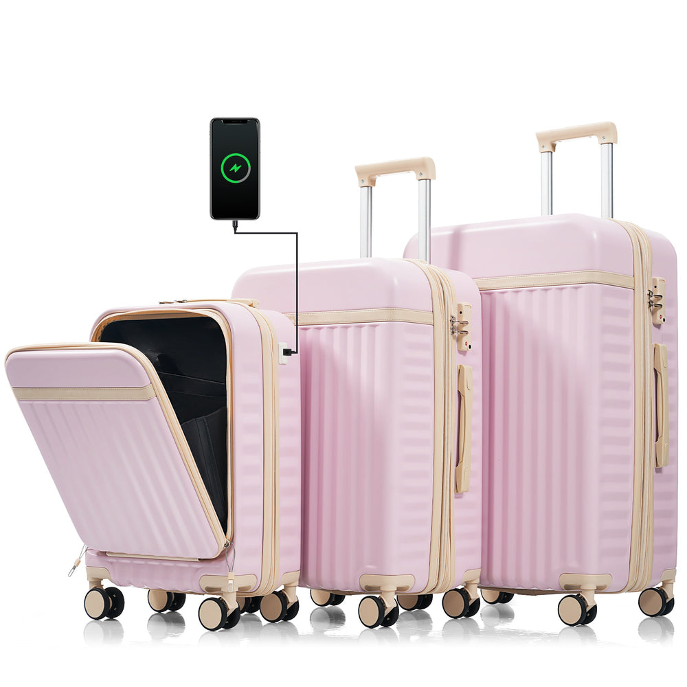 English Elm Luggage 3 Piece Abs Hard Shell Set with Usb Port Front Access and Spinner Wheels Pink N726P307555P