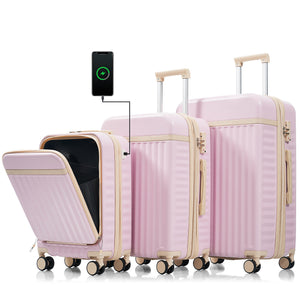 English Elm Luggage 3 Piece Abs Hard Shell Set with Usb Port Front Access and Spinner Wheels Pink N726P307555P