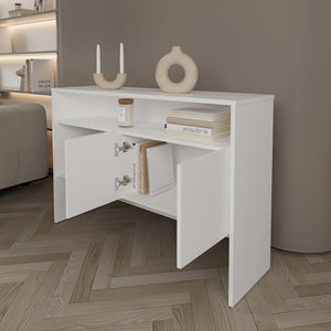 English Elm Console Midway Engineered Wood Console Table in White with Spacious Top Shelf, Lower Open Shelf & Cabinet for Stylish Living Room Storage and Durable Design B092P238696