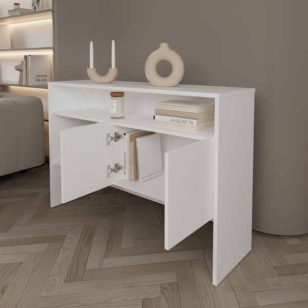 English Elm Console Midway Engineered Wood Console Table in White with Spacious Top Shelf, Lower Open Shelf & Cabinet for Stylish Living Room Storage and Durable Design B092P238696