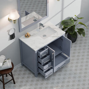 English Elm Dark Grey 36 in Bath Vanity with Right-Offset Carrara Marble Top, Chrome Faucet, Soft-Close Drawers B2731P259030