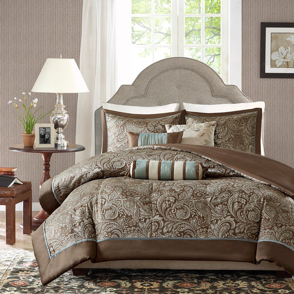 English Elm Full/Queen Elegant 6-Piece Jacquard Duvet Cover Set with Charmeuse Piping, Brushed Reverse & Pillows B03597310