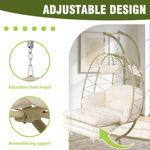 English Elm 2 Person Wicker Hanging Egg Chair with Stand Padded Cushions Patio Swing Seat T5880P500218