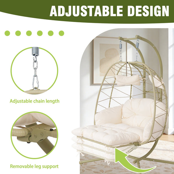 English Elm 2 Person Wicker Hanging Egg Chair with Stand Padded Cushions Patio Swing Seat T5880P500218