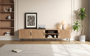 English Elm 78 Inch Low Profile Media Console with Pine Legs Soft Close Doors for Living Room N710P429513P
