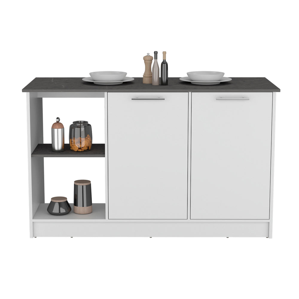 English Elm Kitchen Island With Ample Counter Space, Open Shelves & Double-Door Storage, Stylish White/Onyx B097S00157