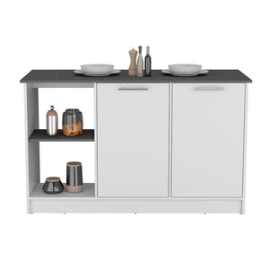 English Elm Kitchen Island With Ample Counter Space, Open Shelves & Double-Door Storage, Stylish White/Onyx B097S00157