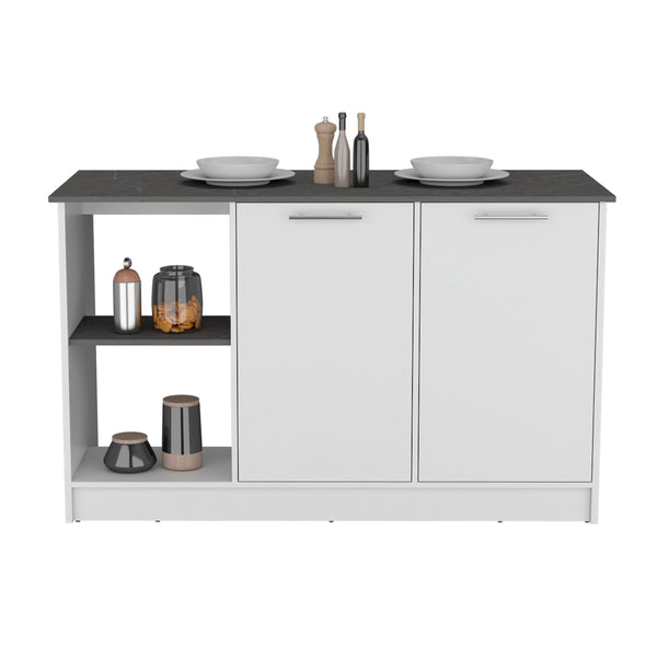 English Elm Kitchen Island With Ample Counter Space, Open Shelves & Double-Door Storage, Stylish White/Onyx B097S00157