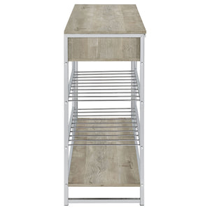 English Elm Ethel Gray Washed Oak Wine Cabinet with 2 Drawers, Chrome Accents, Slatted Bottle Rack & Shelf B062P378340