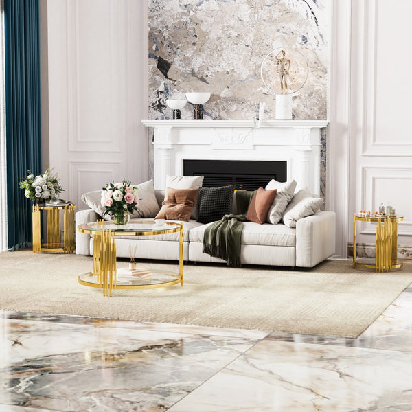English Elm Modern Round Mirrored Glass End Table with Gold Metal Frame and Lower Display Shelf Transparent N735P380092K