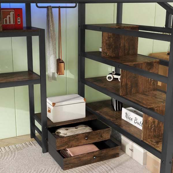 English Elm Full Size Loft Bed With Desk, Wardrobe & Led Light – Space-Saving Metal Design For Kids' Rooms! W2593S00019