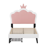 English Elm Twin Size Upholstered Princess Bed With Crown Headboard and 2 Drawers,Twin Size Platform Bed With Headboard and Footboard, Pink+White