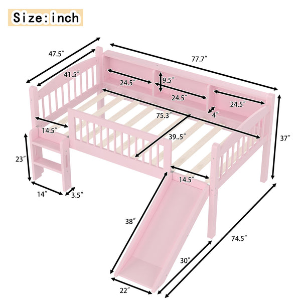 English Elm Twin Low Loft Bed Solid Pine Frame with Built-in Led Lighting and Storage Shelves Pink W1580P395929