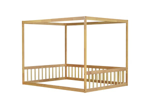 English Elm Full Size Canopy Floor Bed In Natural Rubberwood With Guardrails - Perfect For Kids' Imagination! W504P345756