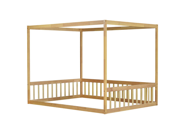 English Elm Full Size Canopy Floor Bed In Natural Rubberwood With Guardrails - Perfect For Kids' Imagination! W504P345756