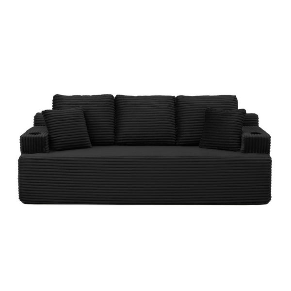English Elm Boneless Floor Sofa Corduroy Upholstered 5 Seat Low Profile with Cup Holders for Living Room Black W1117S00435
