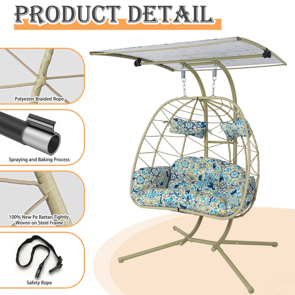 English Elm 2-person Wicker Egg Swing Chair with Canopy Stand Cushions Outdoor Patio Lounge T5880P502249