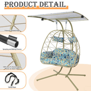 English Elm 2-person Wicker Egg Swing Chair with Canopy Stand Cushions Outdoor Patio Lounge T5880P502249