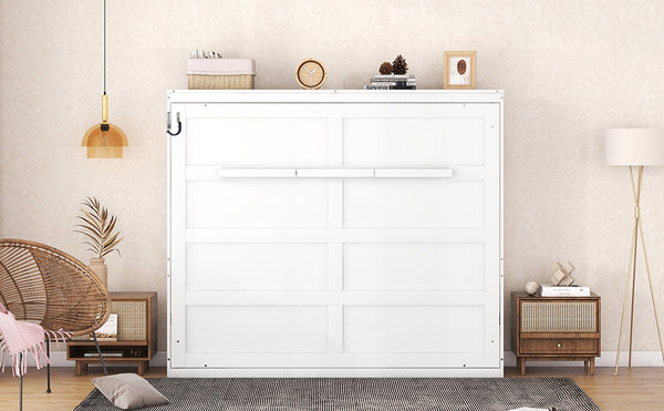 English Elm Queen Murphy Wall Bed with Dual Piston Mechanism Space Saving Mdf Cabinet Frame White LP000665AAK-2
