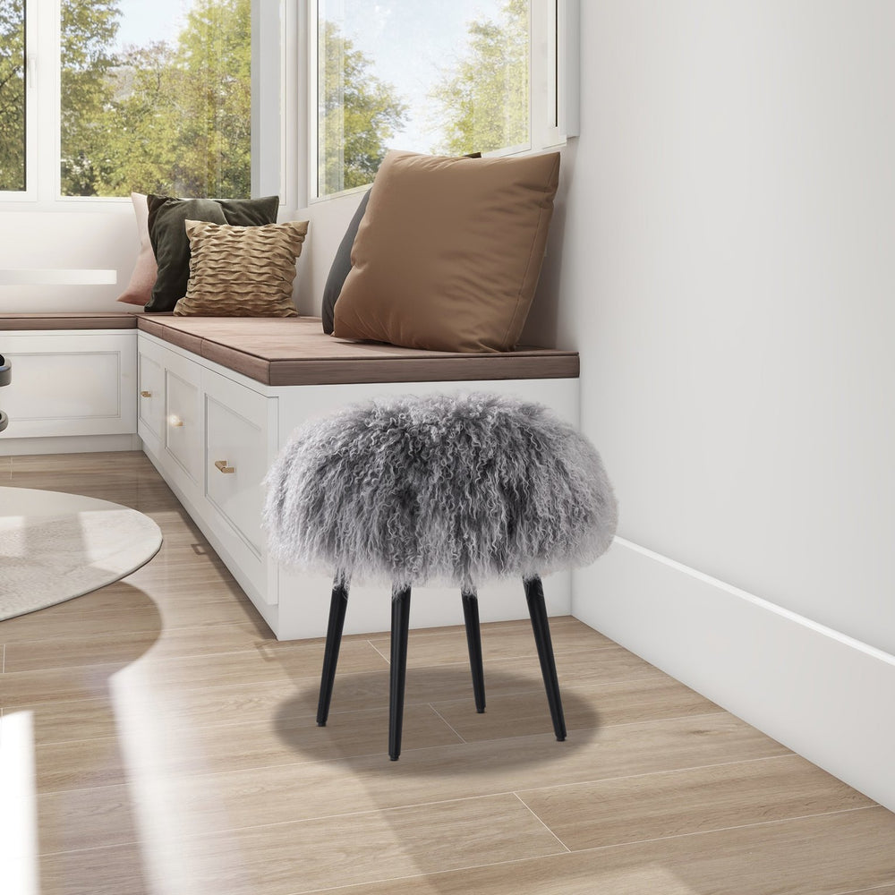 English Elm Alberta Genuine Mongolian Sheepskin Round Ottoman Plush Fur Accent for Any Room B2719P238443