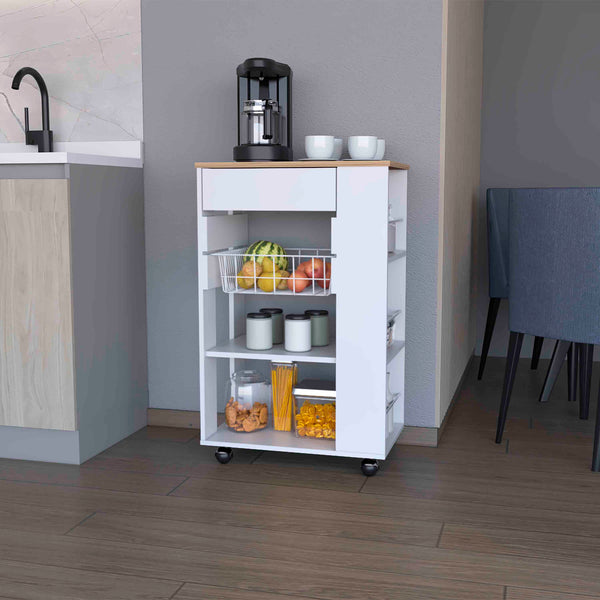English Elm Shelton Rolling Kitchen Cart with Open Shelves Drawer and Hanging Utensil Rack B128S00144