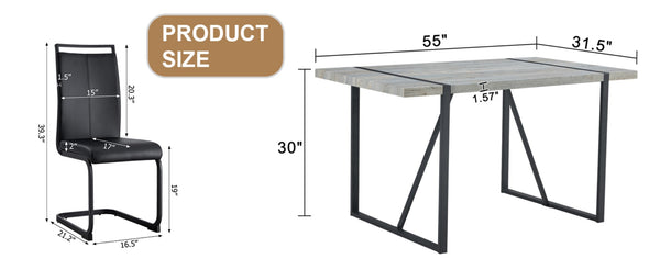 English Elm Table Set: Modern Minimalist Grey Marble Dining Table With 4 Black Pu Leather Chairs & Metal Frame W1151S02683-GIGA
