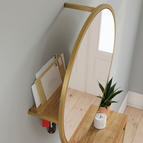 English Elm Wall-mounted Shoe Cabinet with Mirror and Hooks — Space-Saving Tilt-Out Storage, Brown Engineered Wood B356P367815
