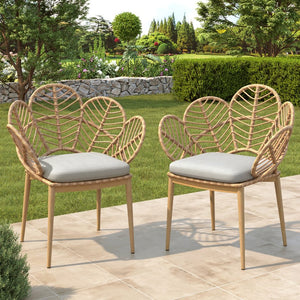 English Elm Christopher Knight Home® - Kirk Outdoor Wicker Peacock Papasan Chairs Set of 2 — Teak Legs, Light Brown PE Rattan, Beige Cushion, UV‑Resistant Comfort N775P271976B
