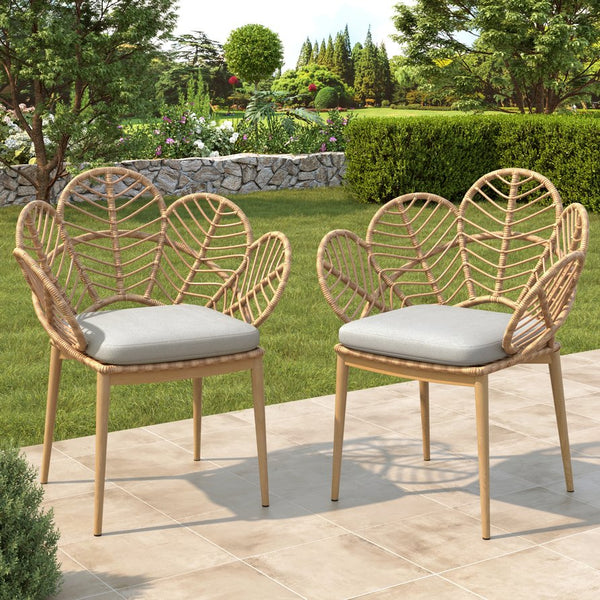 English Elm Christopher Knight Home® - Kirk Outdoor Wicker Peacock Papasan Chairs Set of 2 — Teak Legs, Light Brown PE Rattan, Beige Cushion, UV‑Resistant Comfort N775P271976B