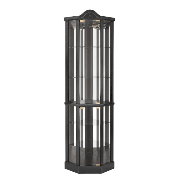 English Elm Lighted Corner Curio Cabinet With Adjustable Shelves, Elegant Black Design, Perfect For Home Display W1758P300126