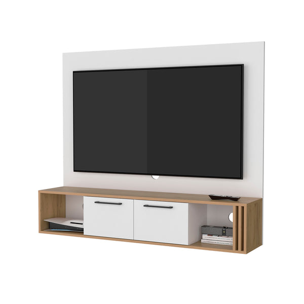 English Elm Lesslie Wall-Mounted Entertainment Center with Cabinets, Cable Management, Open Shelves, Oak/White B128P263721