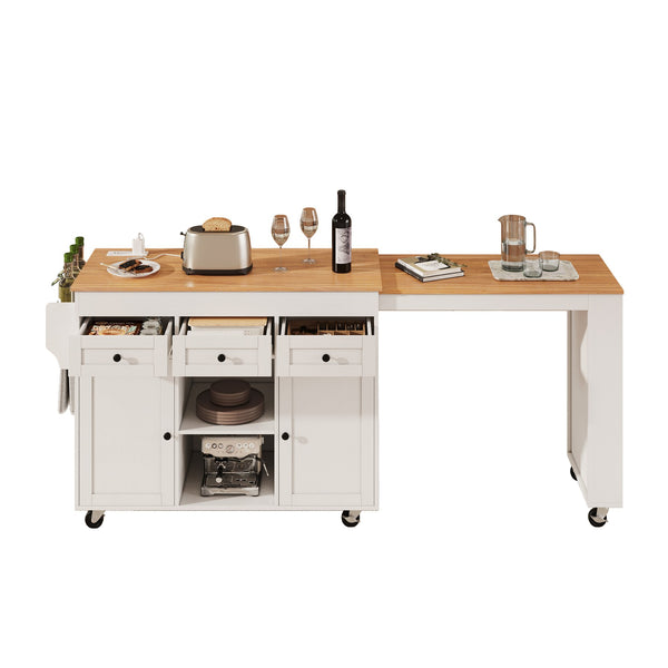 English Elm K&k Rolling Kitchen Island with Extendable Table Open Shelving and Built-in Power Outlet White N707P360278W