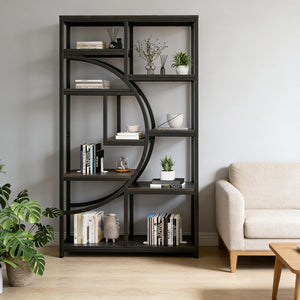 English Elm Geometric Nine Shelf Iron Frame Bookcase Rustic Industrial Freestanding Display Tower T3971P448087