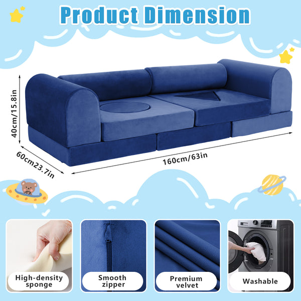 English Elm 11pcs Modular Foam Play Couch Set for Kids Velour Washable Toddler Playroom Builder Dark Blue T5880P493426