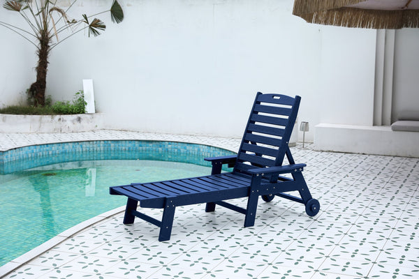 English Elm Lounge Chair Outdoor – Oversized Chaise With 5 Adjustable Positions, Hdpe, Cup Holder & Wheels, Navy Blue W2103P254603