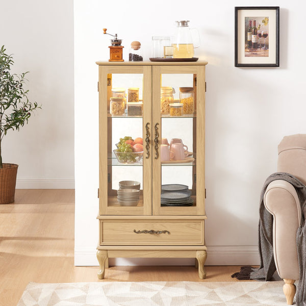 English Elm Curio Lighted Glass Display Cabinet with Adjustable Shelves, Vintage Drawer & Carved Metal Handle, Dark Finish Light Oak W2275P199814