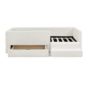 English Elm Twin Boucle Upholstered Kids Bed with Guardrails Built in Storage and Cushioned Step Stool Beige W1413P433364