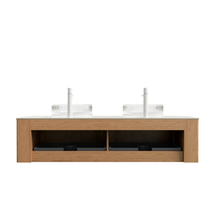 English Elm Dina 60 Inch Floating Bathroom Vanity Sintered Stone Top Dual Glass Basins Wood Grain Beige,Natural Wood,Transparent W2615S00353