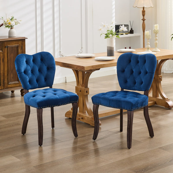 English Elm French Vintage Tufted Upholstered Dining Chair with High-Rebound Foam, Solid Wood Frame, 300lb Capacity Blue W1143P214541